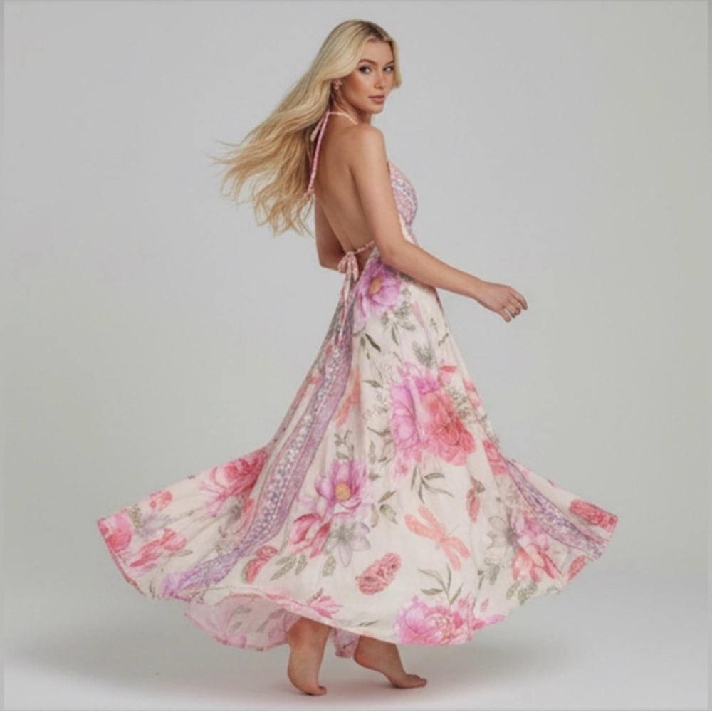 Boho Pink Floral Halter V- Neck Maxi Dress Low Back - Picture 4 of 8